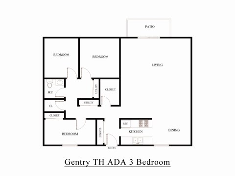 Floor plan for 3 beds, 1 bath